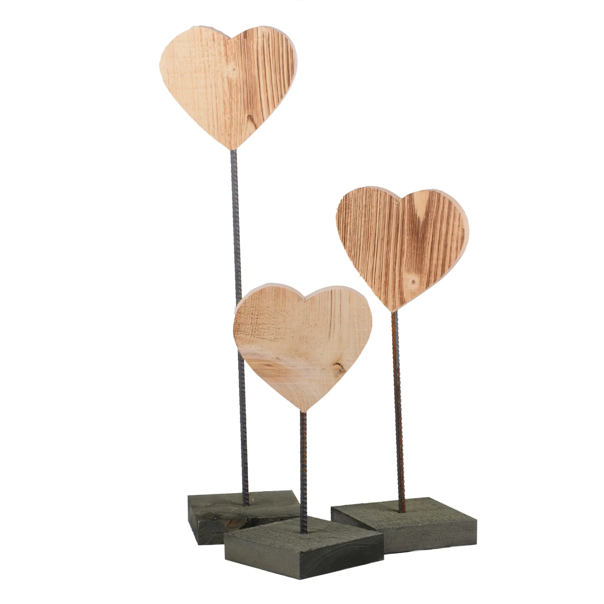 Holz Deko Fensterbank mit Standfuß Tischdeko Eisen Herz Set 3er Aufsteller Natur