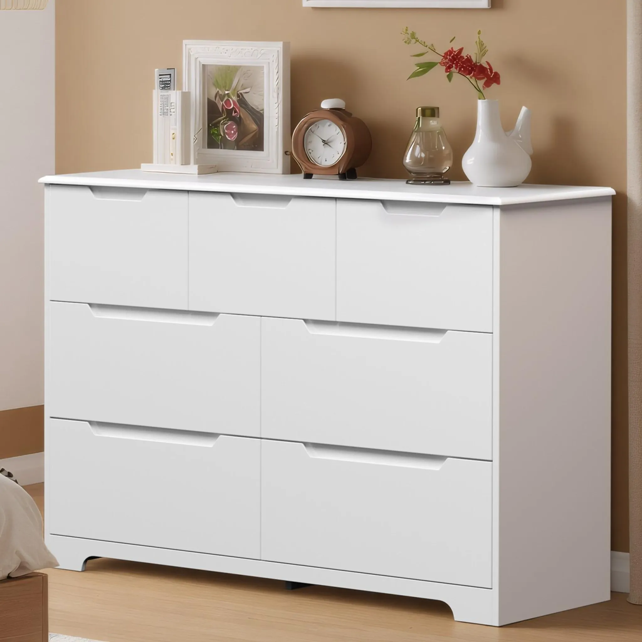 KAIFAM Comò In Metallo 5 Cassetti - Bianco, Alto 136 Cm - Cassettiera Per Camera Da Letto, Soggiorno, Ingresso
