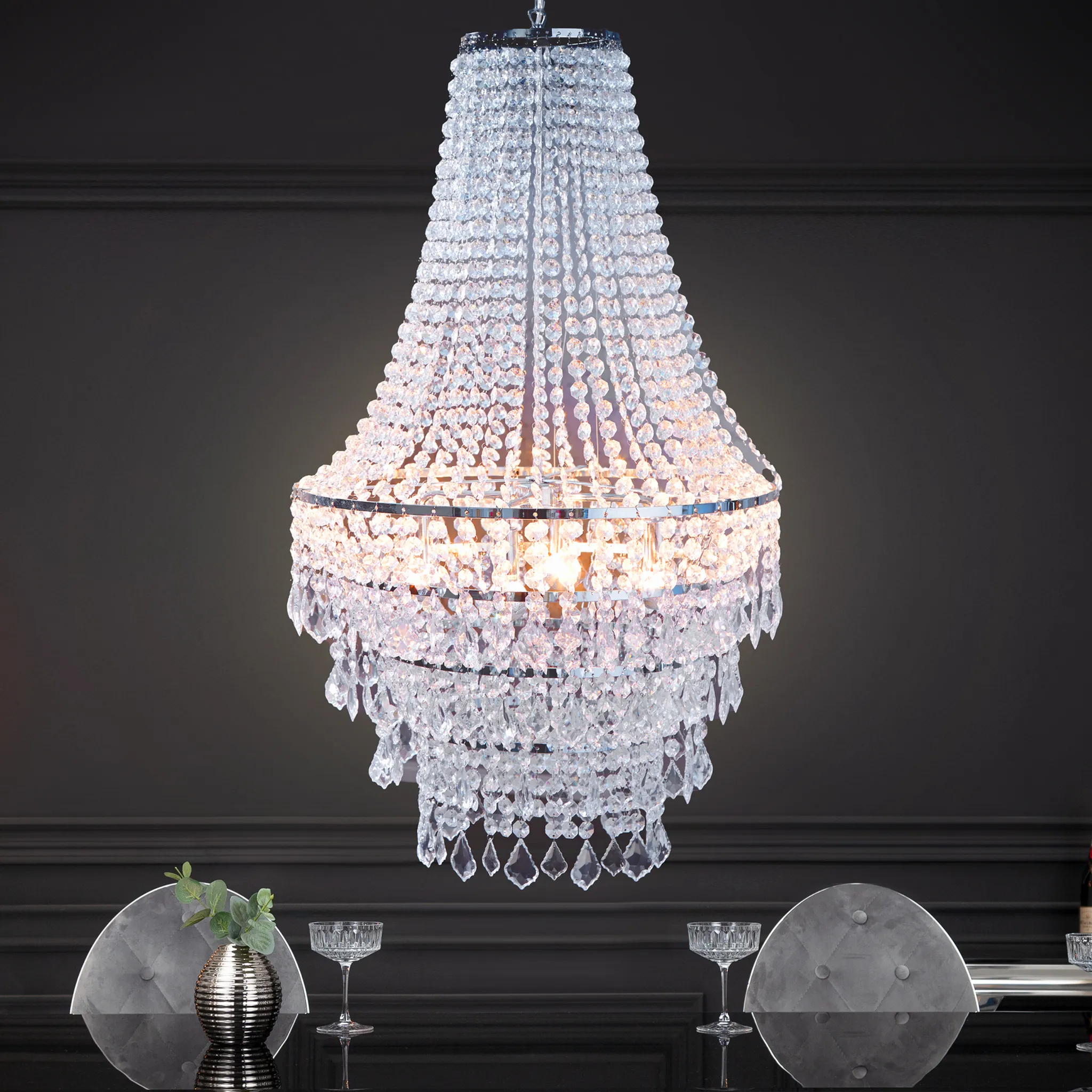 Kronleuchter Oval Silber 10-armig, Hängelampe Breite 120 Cm