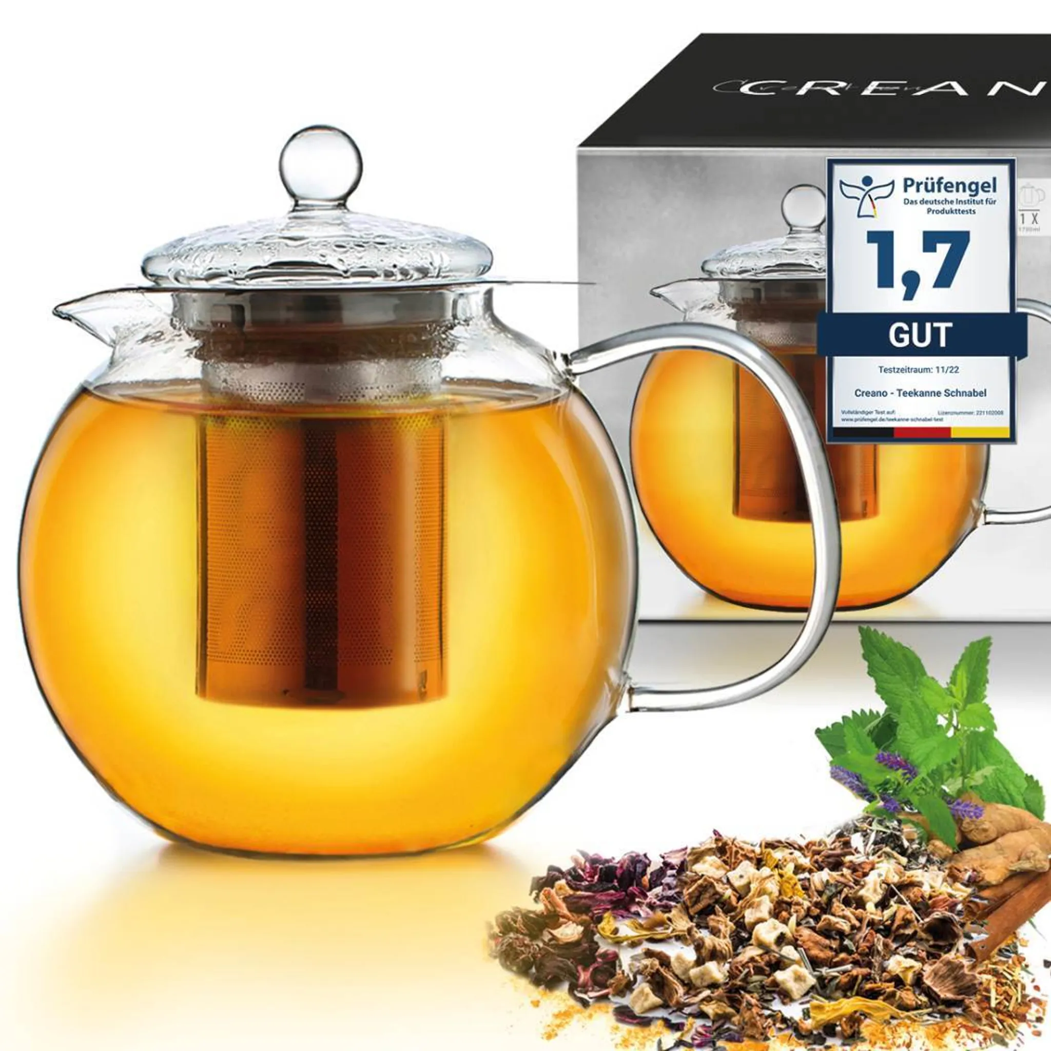 Creano Teekanne aus Glas 1,7l, 3-teilige