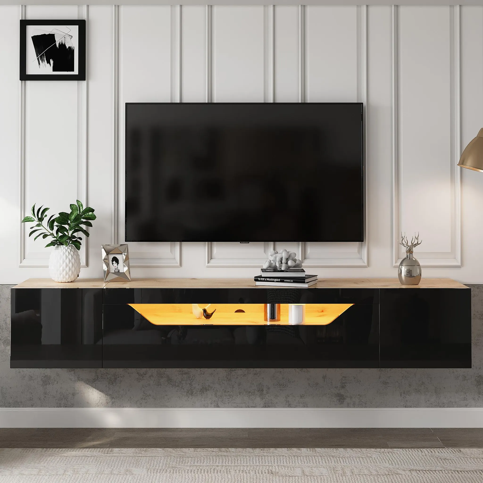 Mobile TV LED 176 Cm Bianco Lucido – Supporto Per TV Fino A 70", Con Luci LED Regolabili E Vano Portaoggetti
