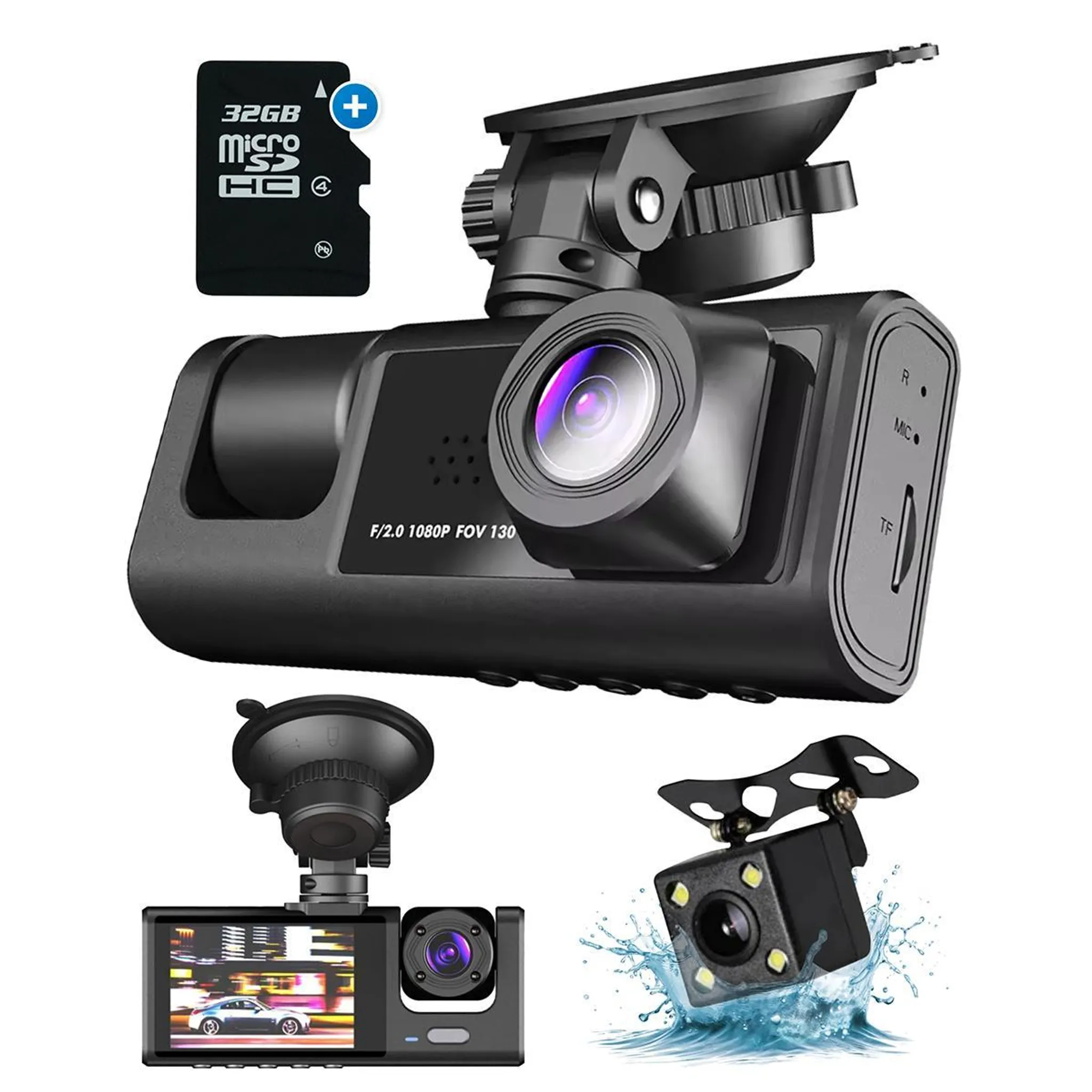 Dashcam 2K Anteriore E Posteriore Con WiFi – 4 Telecamere 480P, Schermo IPS 3", Visione Notturna, Sensore G, Monitoraggio Parcheggio 24/7, Scheda 64GB Inclusa
