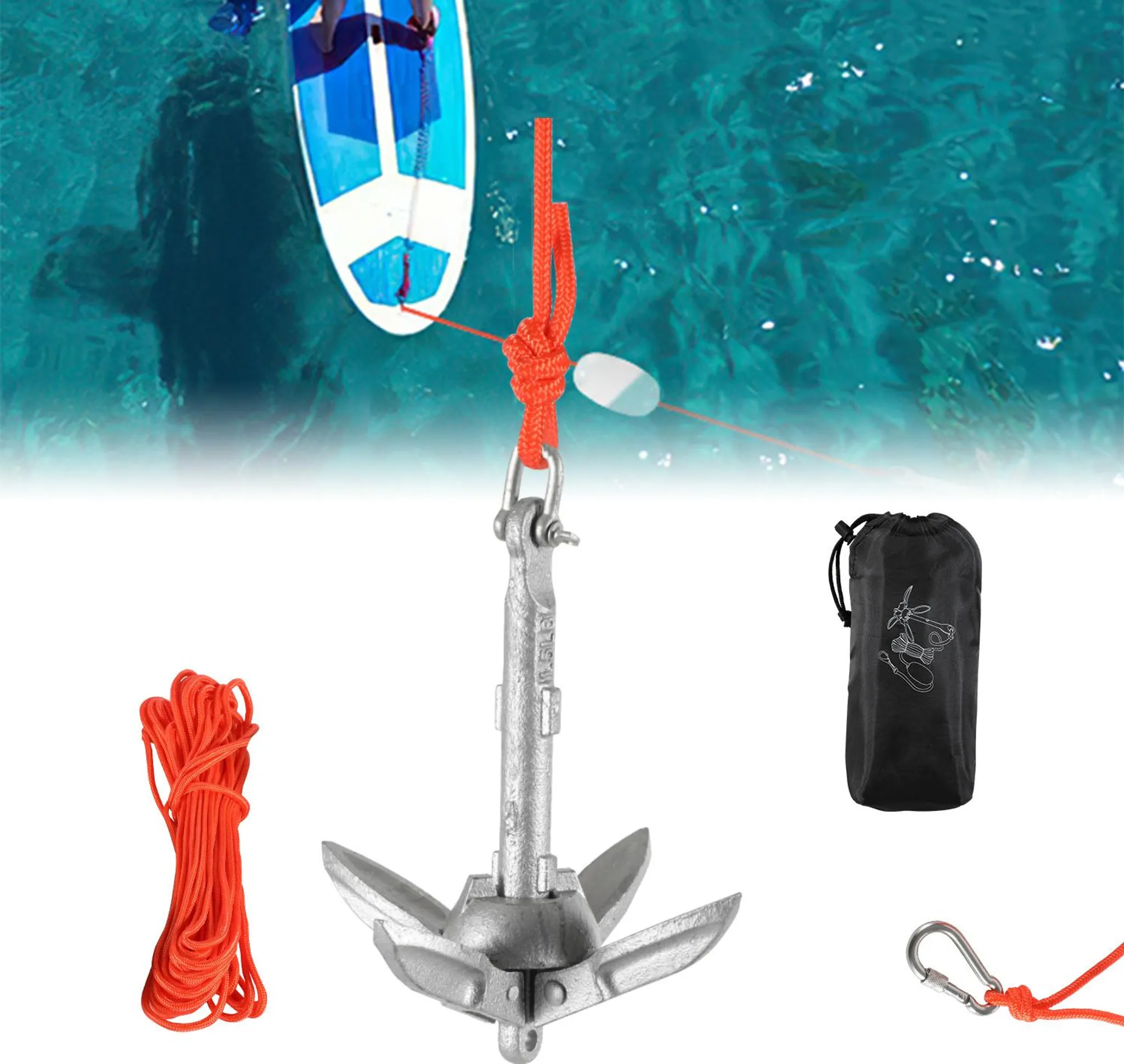Kit D'ancrage Pliable XINZI – Fonte Galvanisée, Corde 10m, Bouée, Mousqueton, Pour Bateau 2m