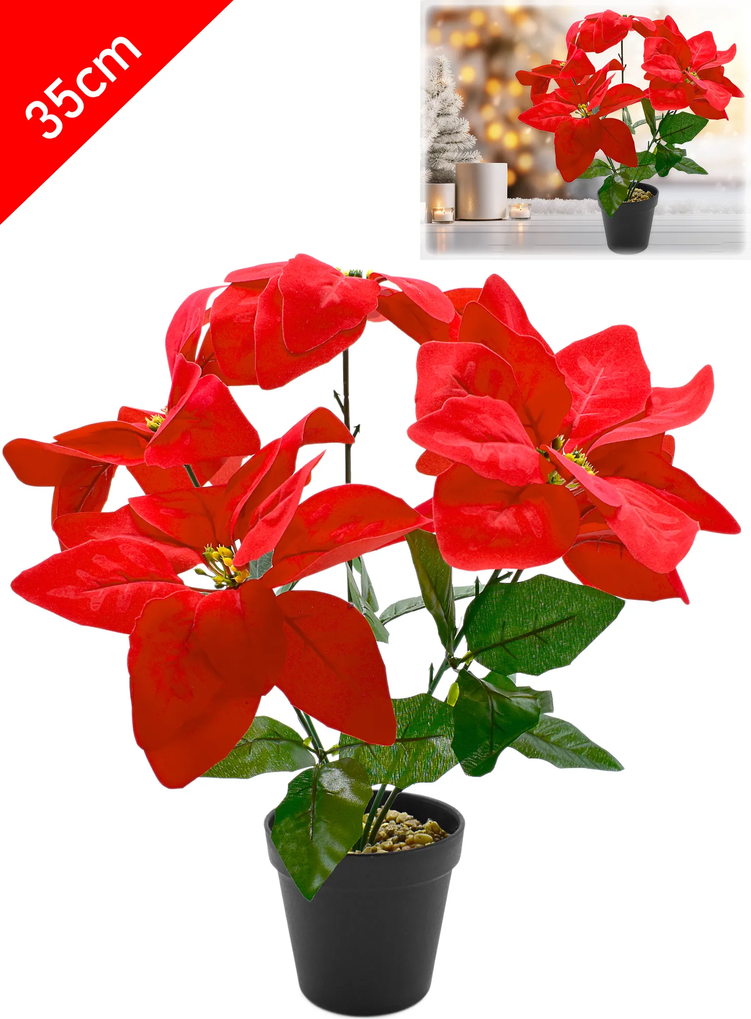 Bambelaa! Knstlicher Weihnachtsstern Rot  3 Stck Christstern, Kunstblume  Im Topf, 17cm