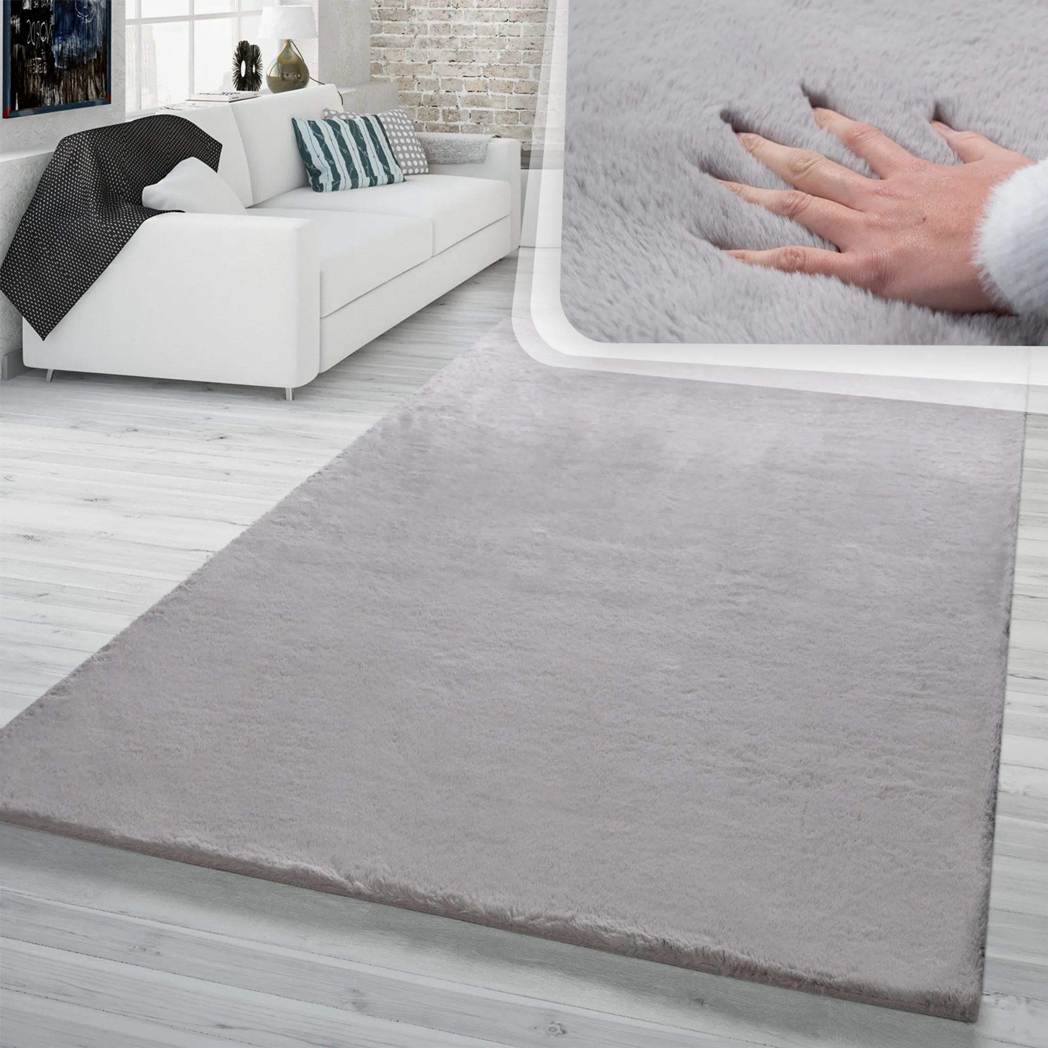 Hochflor Teppich Wohnzimmer Kunstfell Super Softes Kaninchenfell Imitat In  Grau Größe 140x200 cm