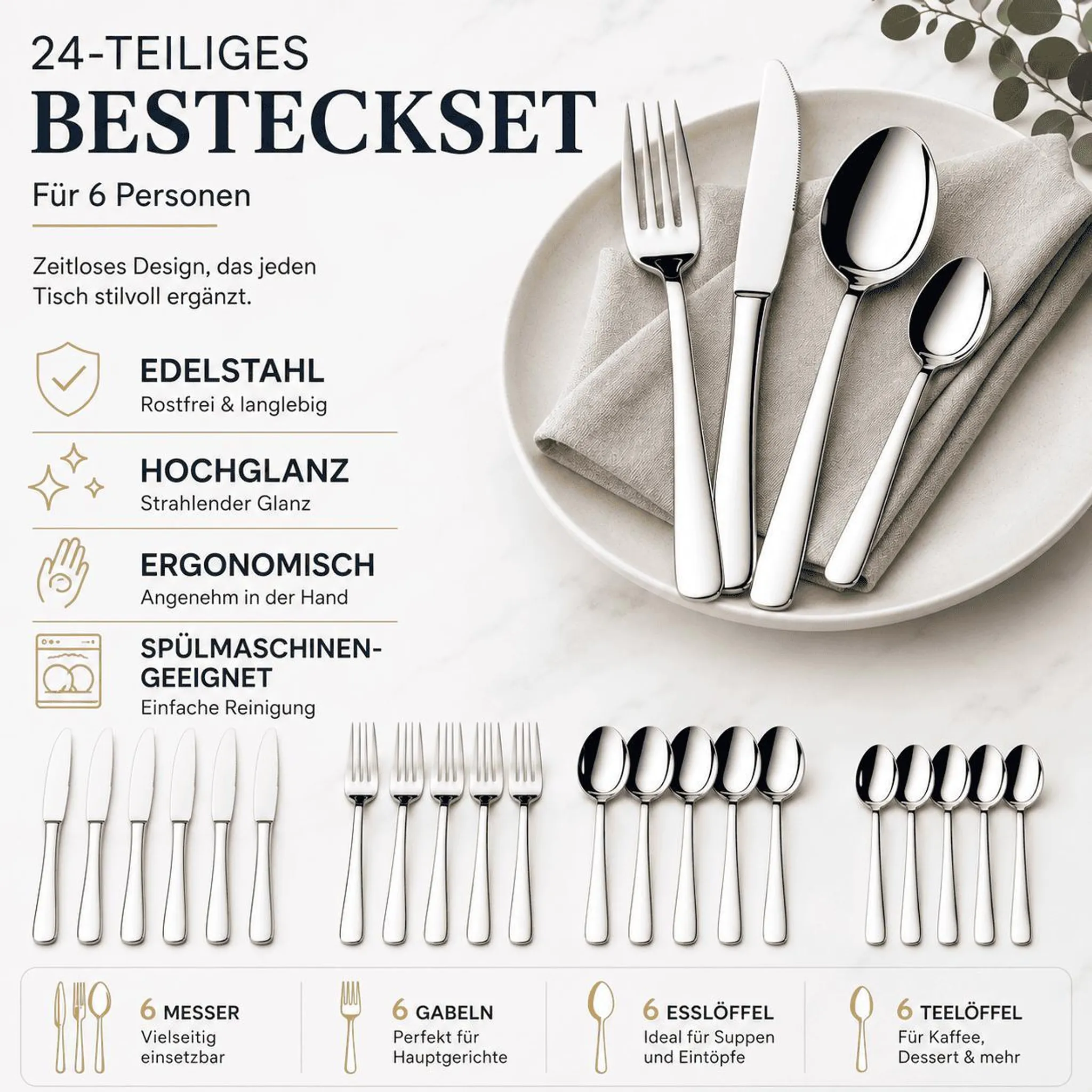 Besteckset 24 Teilig Besteck für 6 Personen Edelstahl