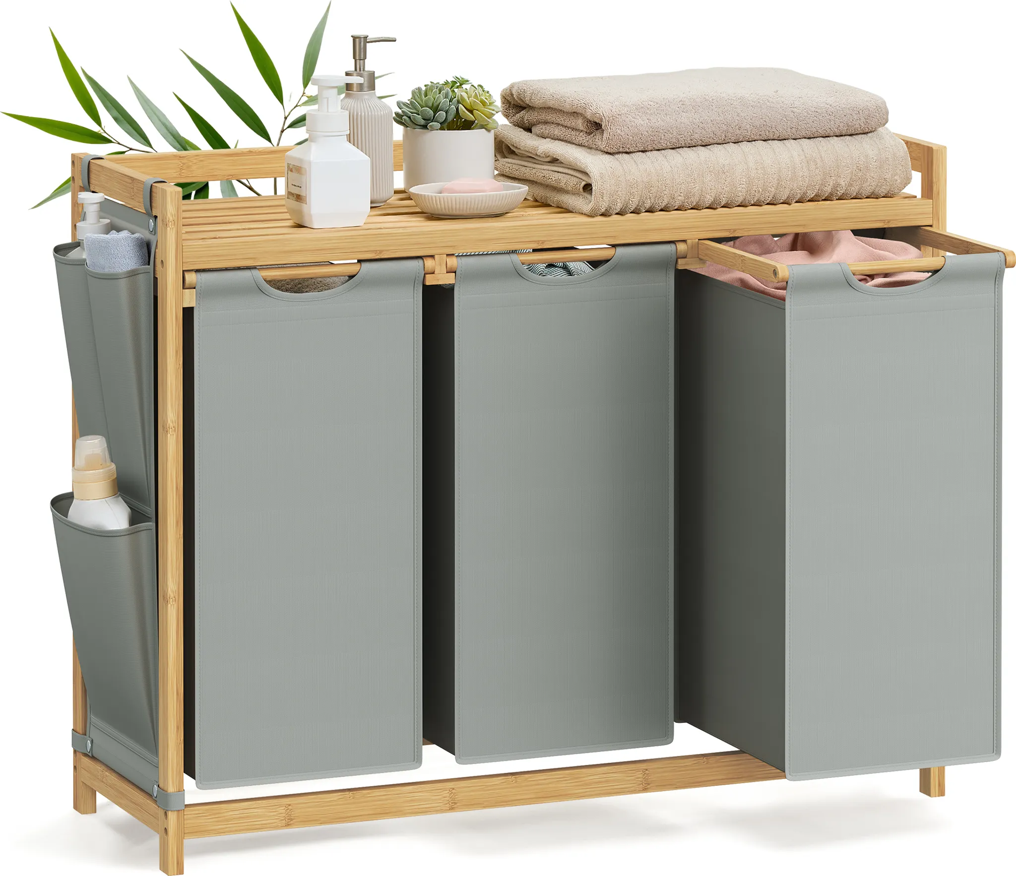 Wschekorb 3 Fcher Bambus 150 L mit Ablage