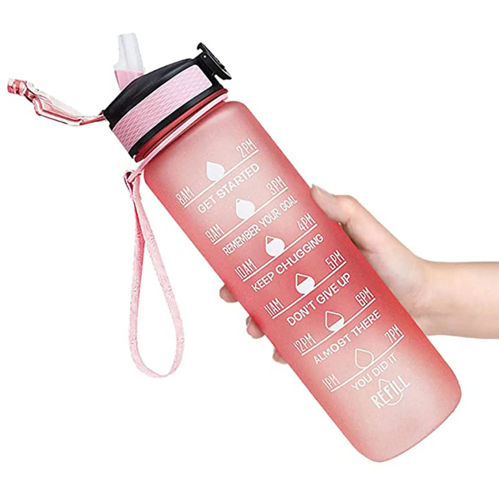 Sport Trinkflasche mit Strohhalm 1L, Wasserflasche mit Zeitmarkierungen  Tritan, Gym Flasche Motivations, BPA Frei, Geeignet für Wandern Fahrrad