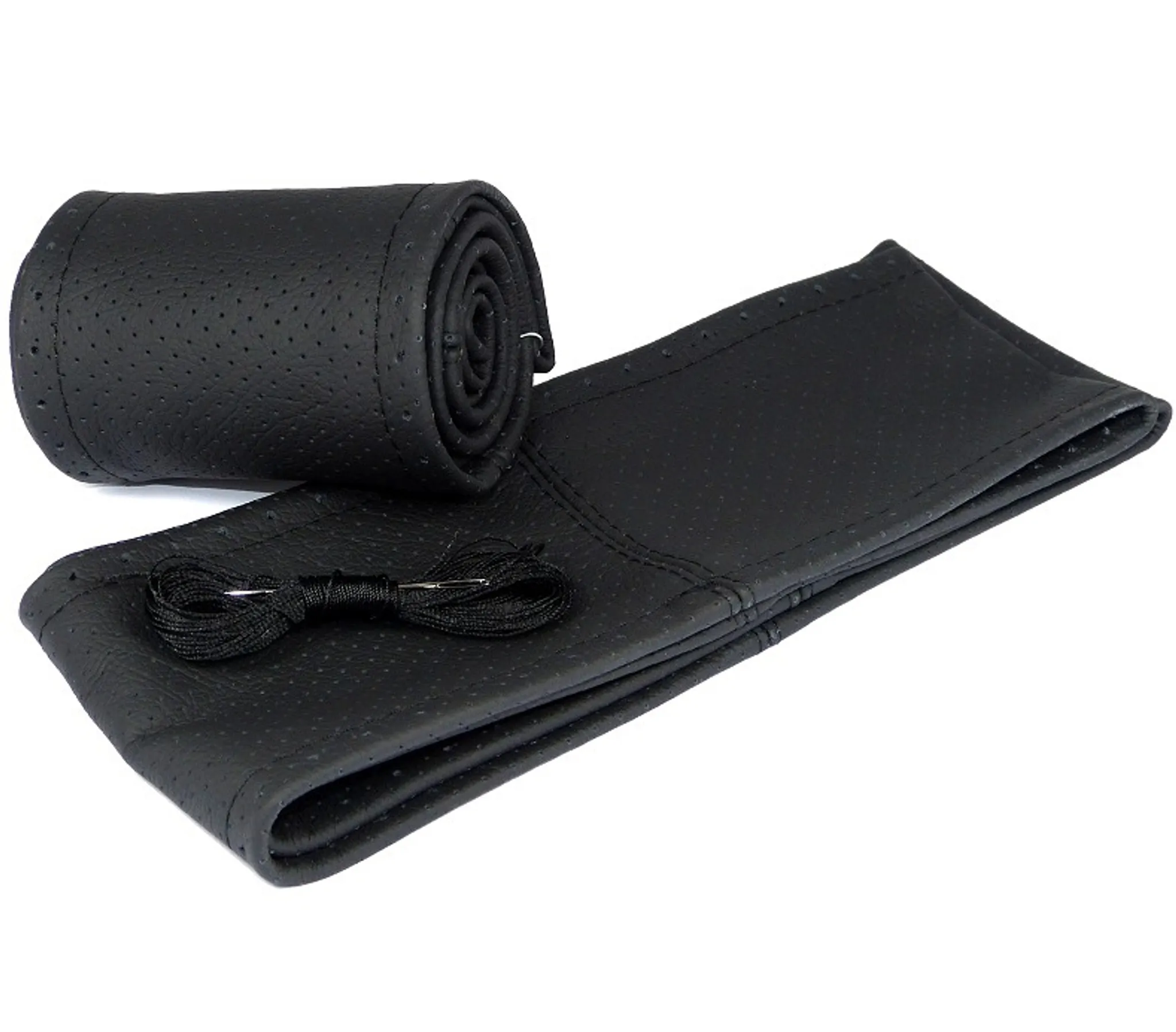 Auto-Lenkradbezug aus echtem Leder, handgenäht, für Lenkradgröße 37–38 cm  (schwarz)