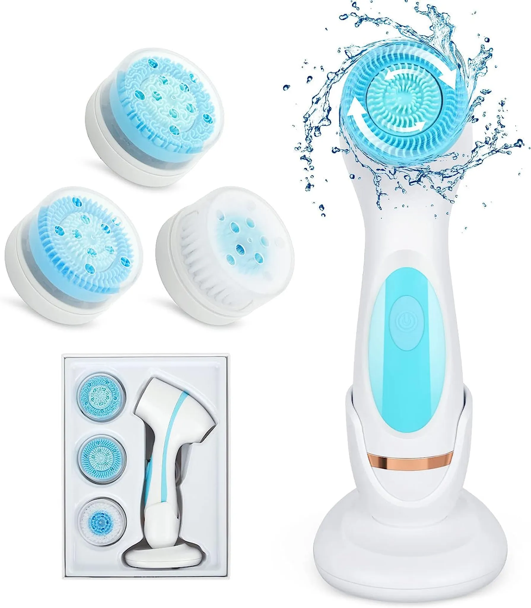 Bürstenköpfen aufladbares Zweiwege-Rotation Elektrische Gesichtsbürste 3 Gesichtsreinigungsbürste,Wasserdichte (Blau) Gesichtsreinigungsgerät USB mit