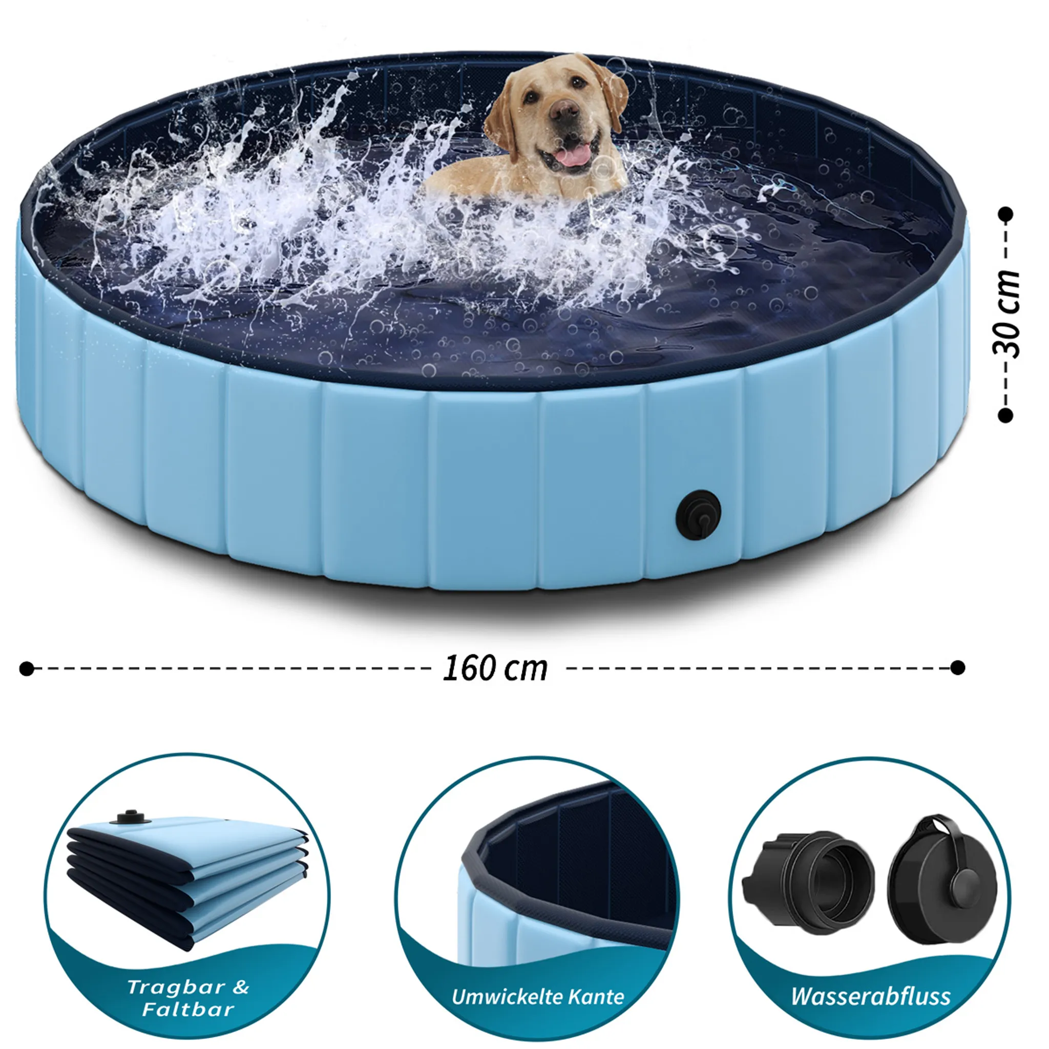 PVC Faltbares Haustier Hund Paddelbecken Welpe Schwimmbad Tragbarer  Hundepool Große Badewanne mit Bürste für Indoor Outdoor, Blau