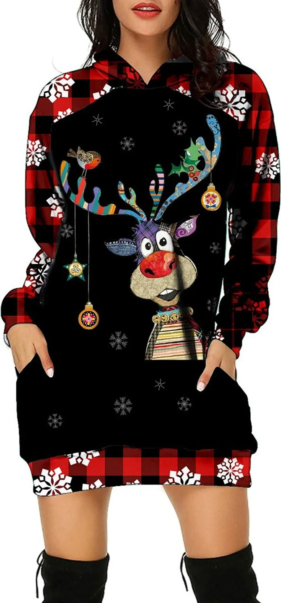 Weihnachtskleid Damen Christmas Hoodie Kleid Weihnachtspullover Weihnachtskleider Pulloverkleid Rentier Print Pullover Langes Weihnachts Kleid Weinachtspulli Weihnachtsfeier Weihnachtskleidung