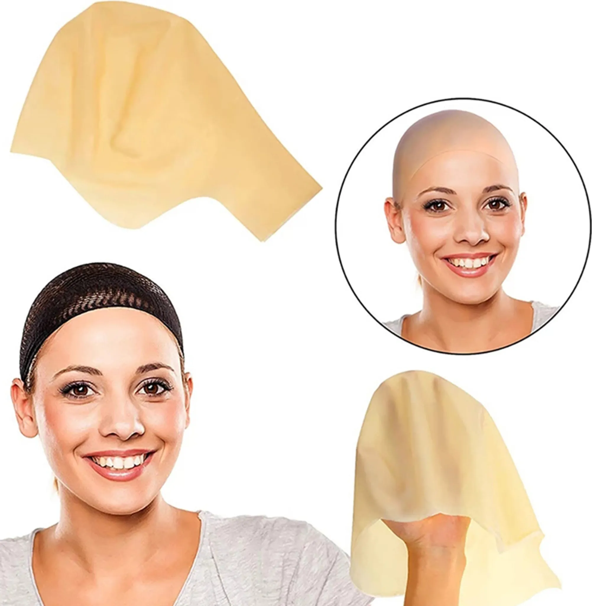 2 Stück Glatzenkappen Aus Latex + 2 Haarnetze – Perfekt Für Halloween, Cosplay Oder Kostüm (hautfarben, Elastisch)