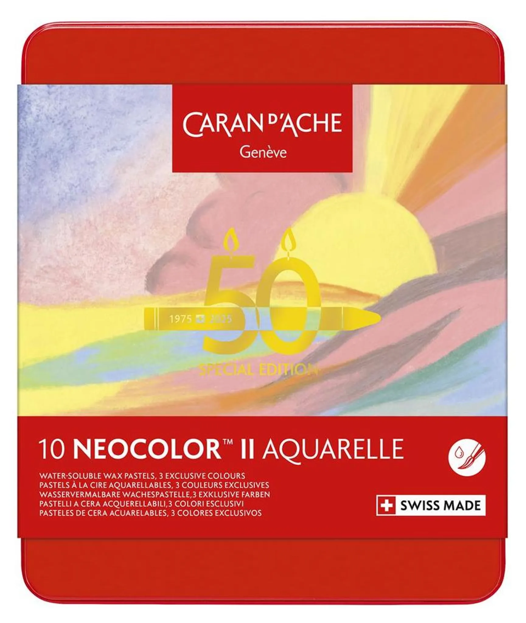 Caran D’Ache Swisscolor – Lot 15 Crayons De Couleur Pastel Aquarellables – Édition Suisse Coffret Rouge Croix Blanche