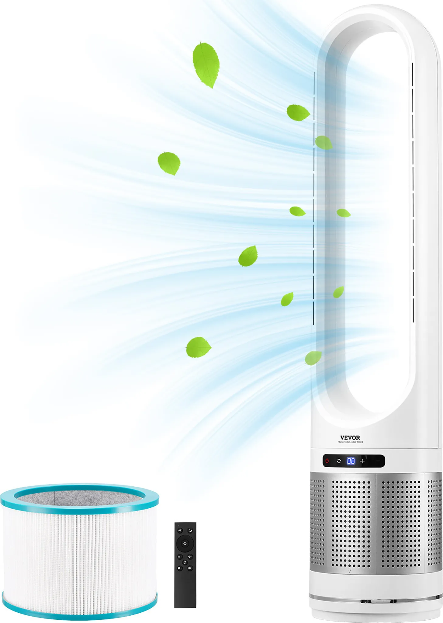 Ventilateur tour sans pales, vitesses réglables, oscillation, minuterie