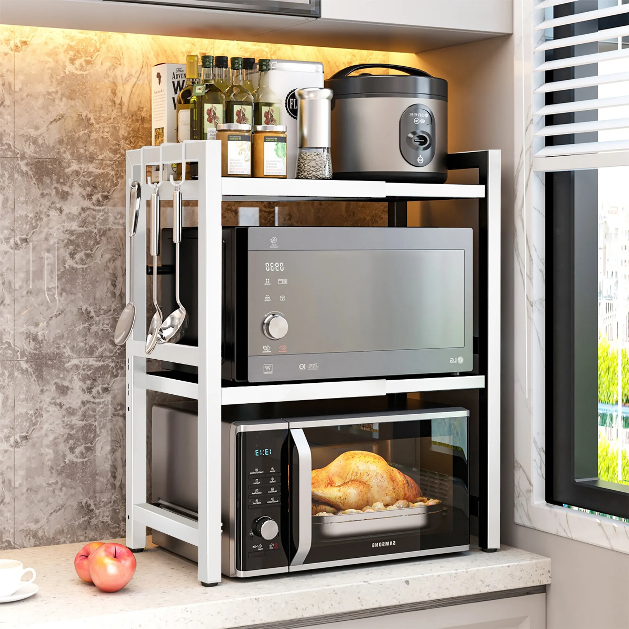 TWSOUL Mikrowellen Regal Erweiterbar - 3-stufiger Ständer Mit 6 Haken, Schwarz