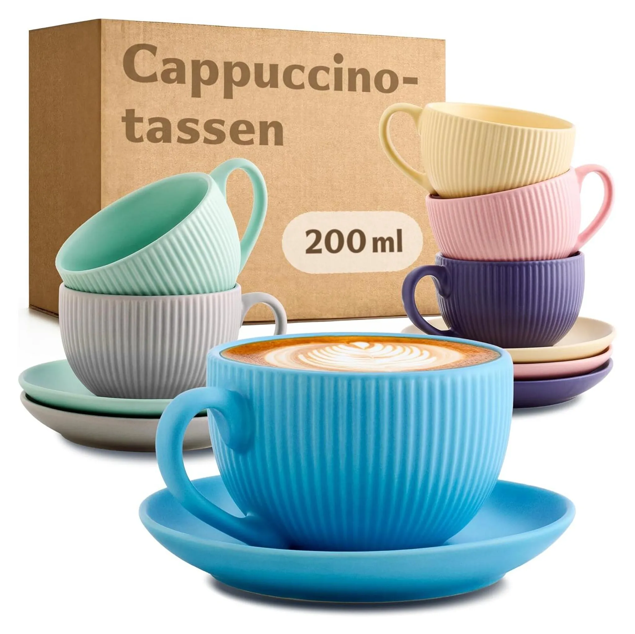 Cappuccinotassen Bunt mit Untertassen - 6er Set