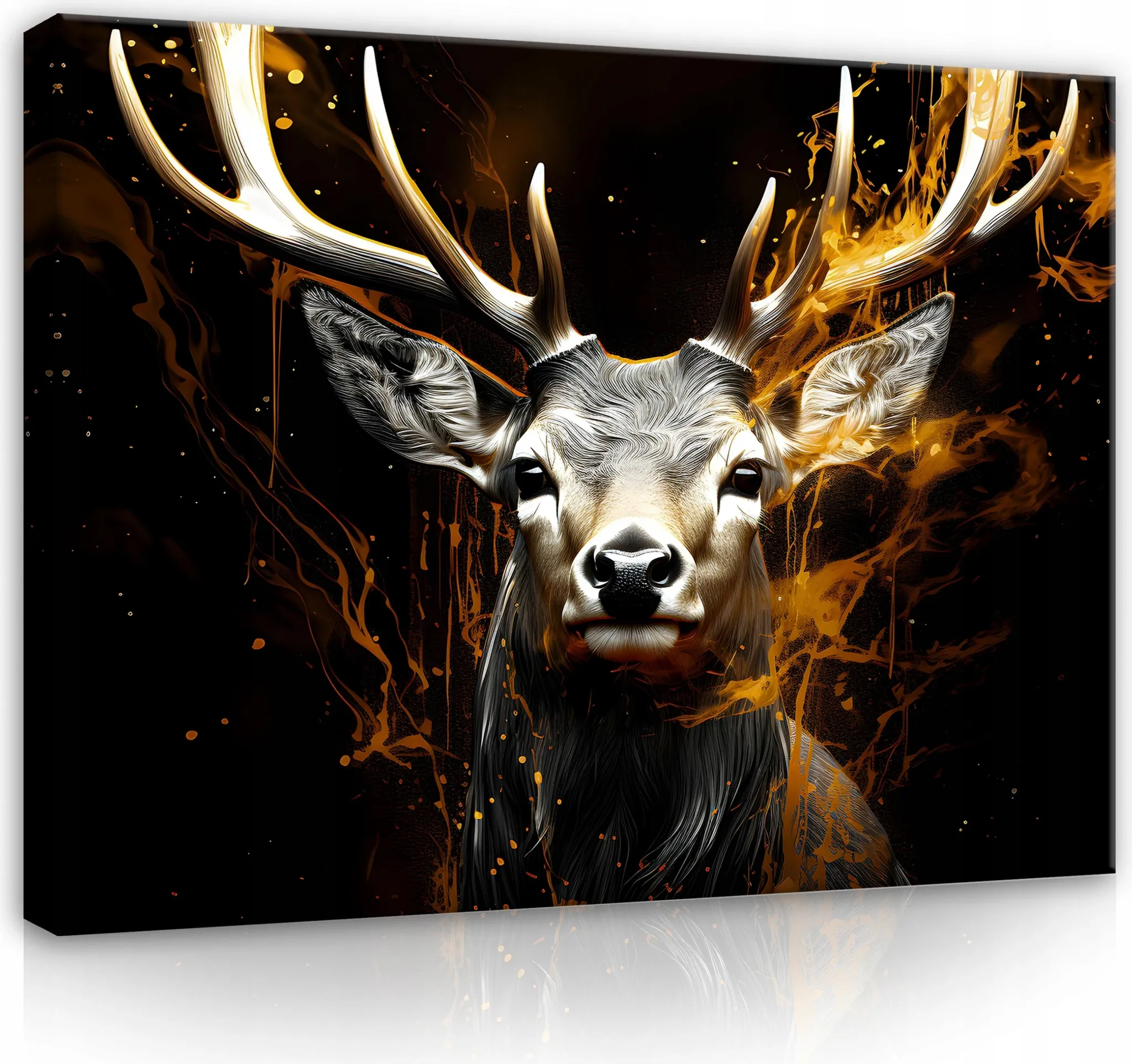 Wandbild Hirsch & Reh Im Wald – Handgemachtes Leinwandbild, Gerahmt, 100x100 Cm, Orange Akzente