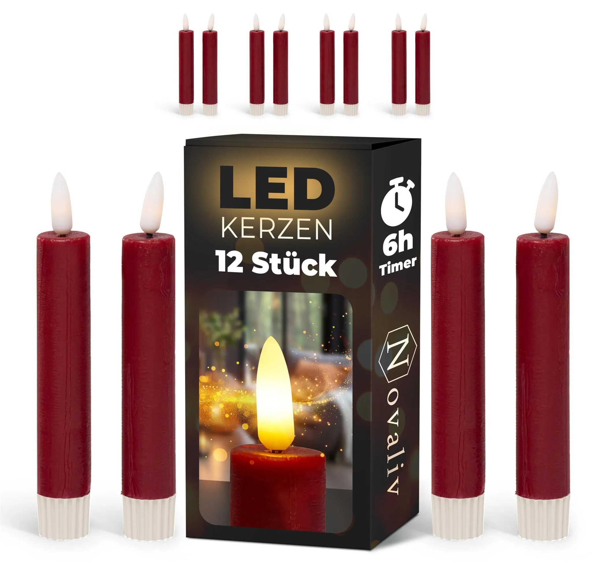 Stabkerzen LED mit Timer ROT 12 Stück indoor 6 Stunden