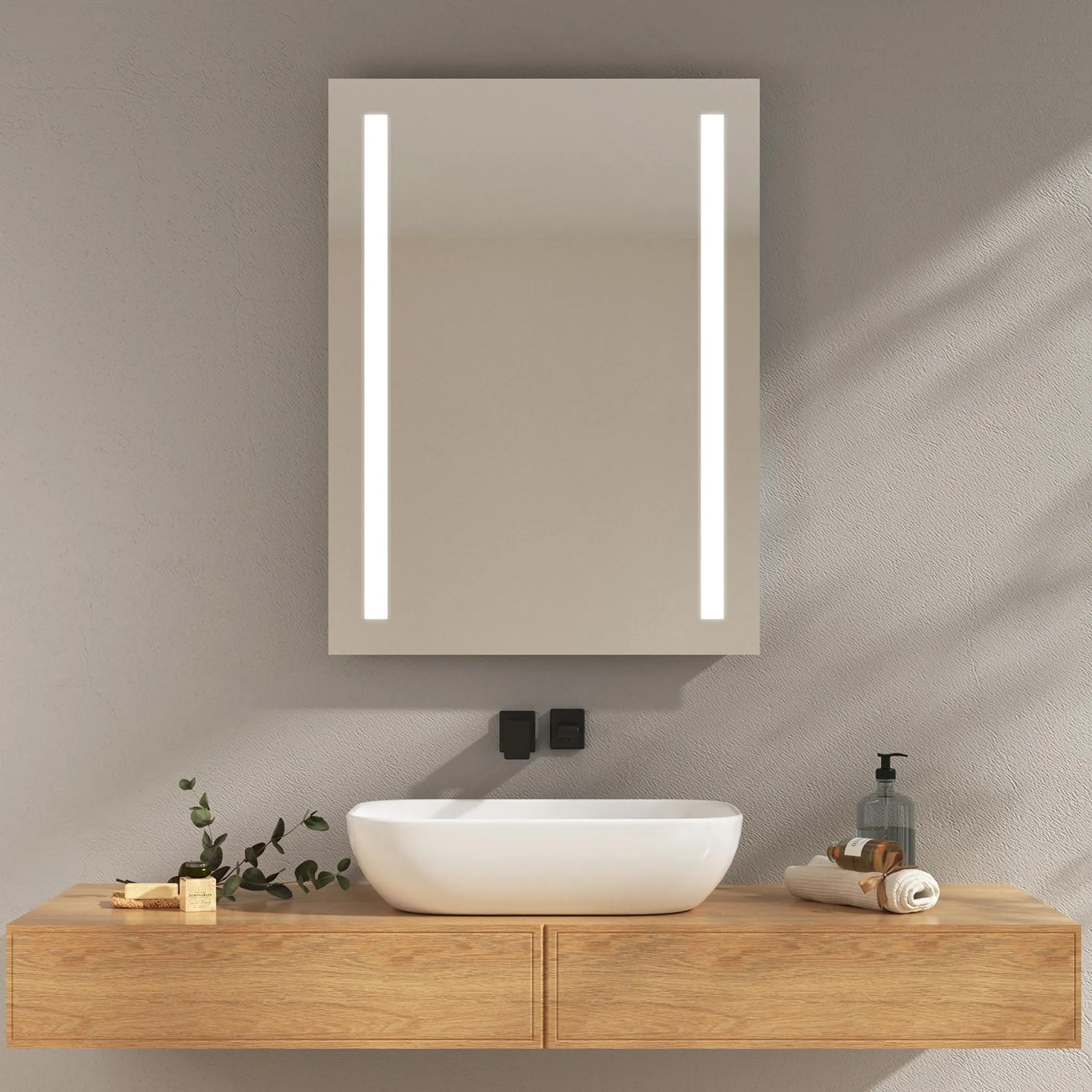 Biubiubath Specchio da bagno 500 x 700 mm con luci LED e dimmerabile 3 colori, funzione di memoria anti appannamento doppio interruttore di controllo verticale orizzontale