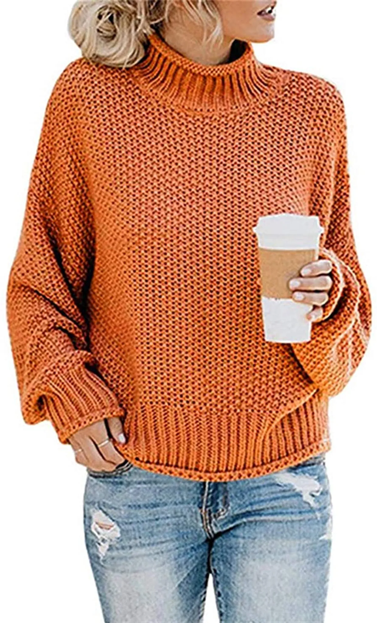 Pulli Pullover Sweatshirt, Einfarbig Strickpullover Orange, Rollkragenpullover M ASKSA Damen Knit