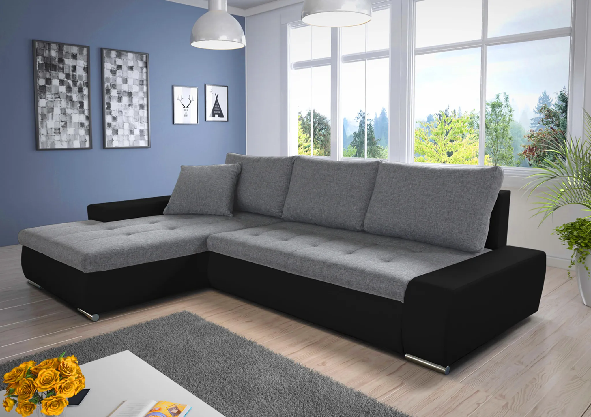 Ecksofa mit Schlaffunktion Faris   Couch mit Bettkasten, Big Sofa,  Sofagarnitur, Couchgarniitur, Polsterecke Schwarz + Grau Madryt 20 +  Inari 20, ...