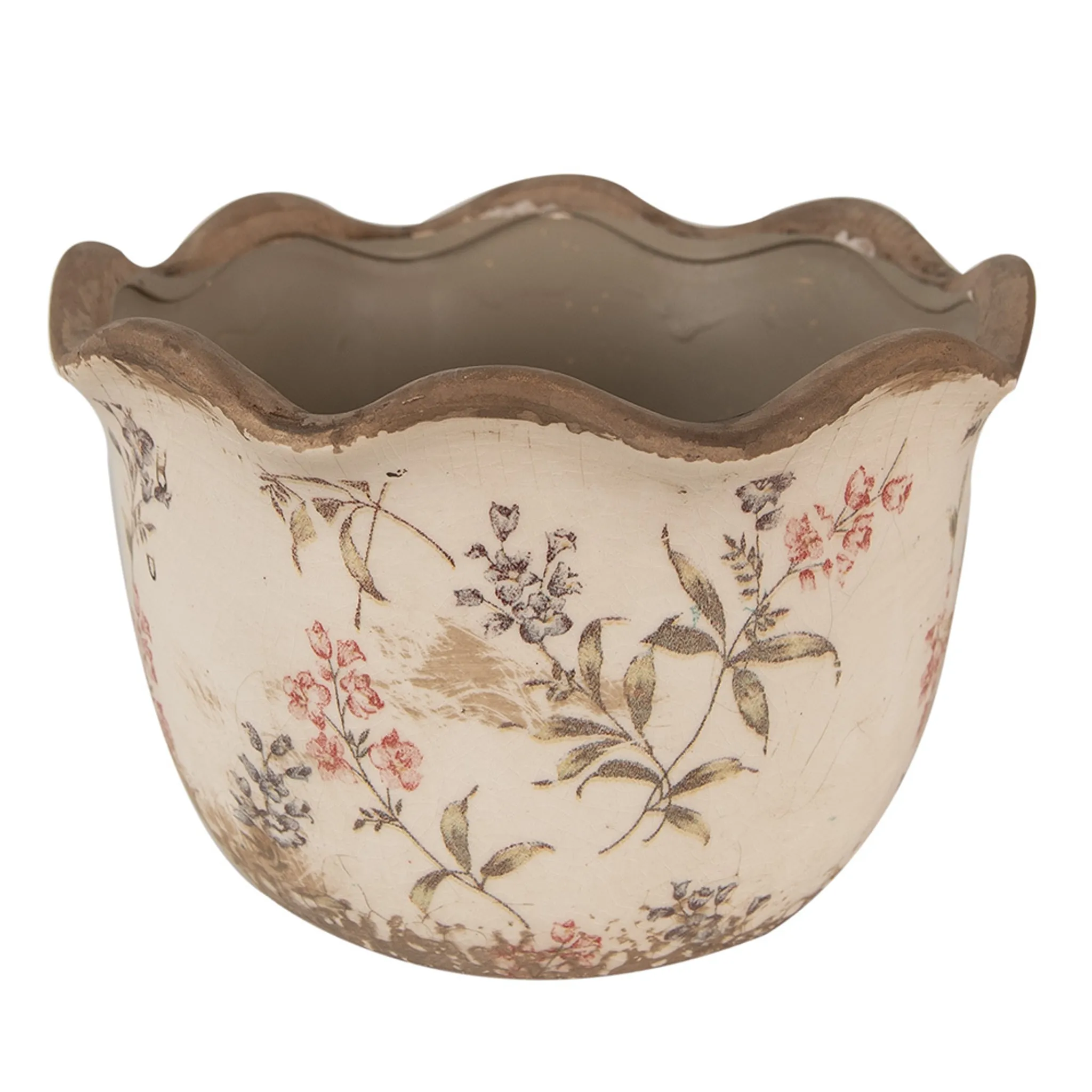 Clayre & Eef Blumentopf Keramik, 11x11 Cm, Beige Mit Rosa Blumen – Innenblumentopf Im Landhausstil