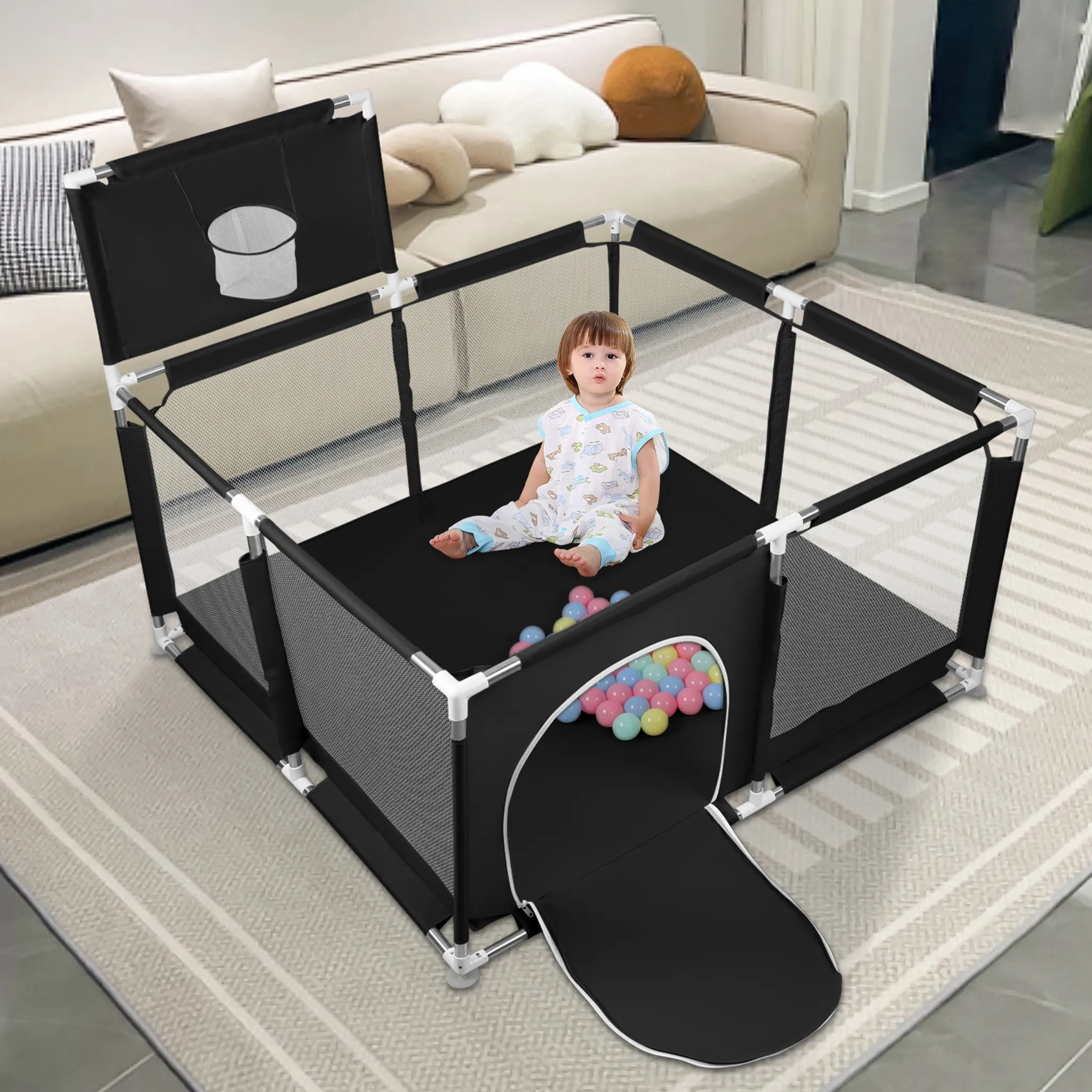 Parc Bébé Portable 120x120x66 Cm Avec 50 Boules - Barrière De Sécurité, Pieds Antidérapants, Filet Respirant