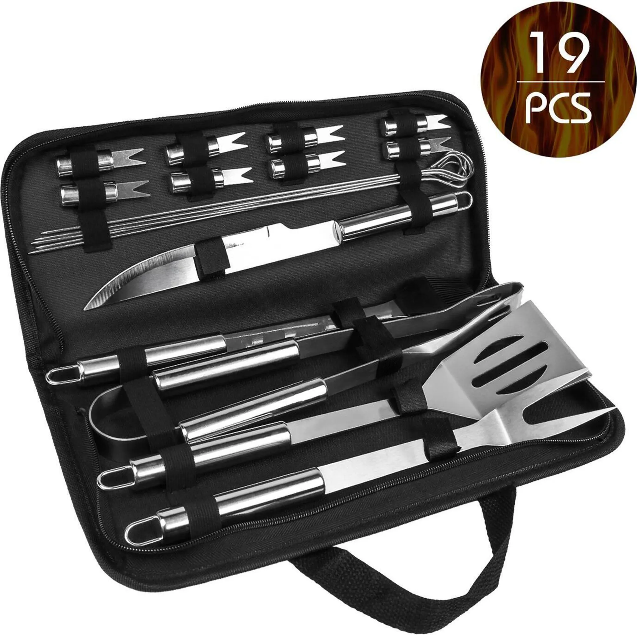 19 teiliges BBQ Grill Set aus Edelstahl Zange Zubehor Grillbesteck Steak Messer Gabel inkl. Tasche zur Aufbewahrung