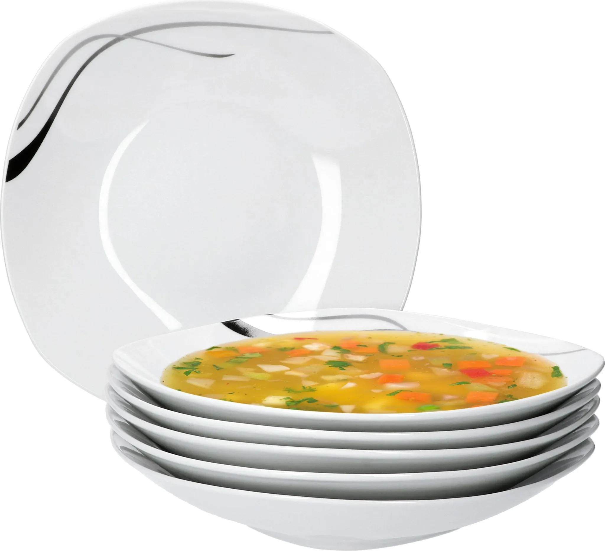 Van Well Set van 6 mueslikommen Nevada, 250 ml, 140 x 140 mm, soepkom, serveerschaal, porseleinen servies, abstract decor, strepen, horeca, slakom