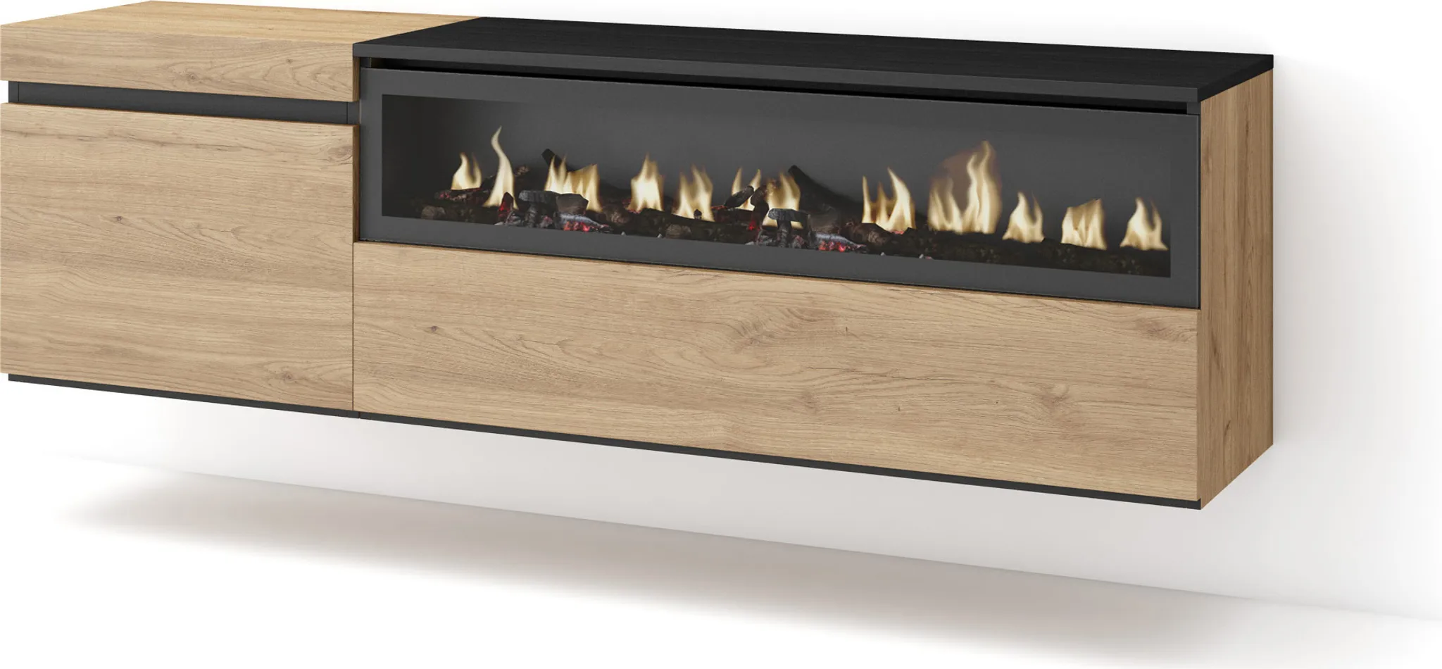Credenza, Mobile, Cucina, 150x87x35cm, 3 Porte, Camino elettrico, Design industriale, Rovere e nero