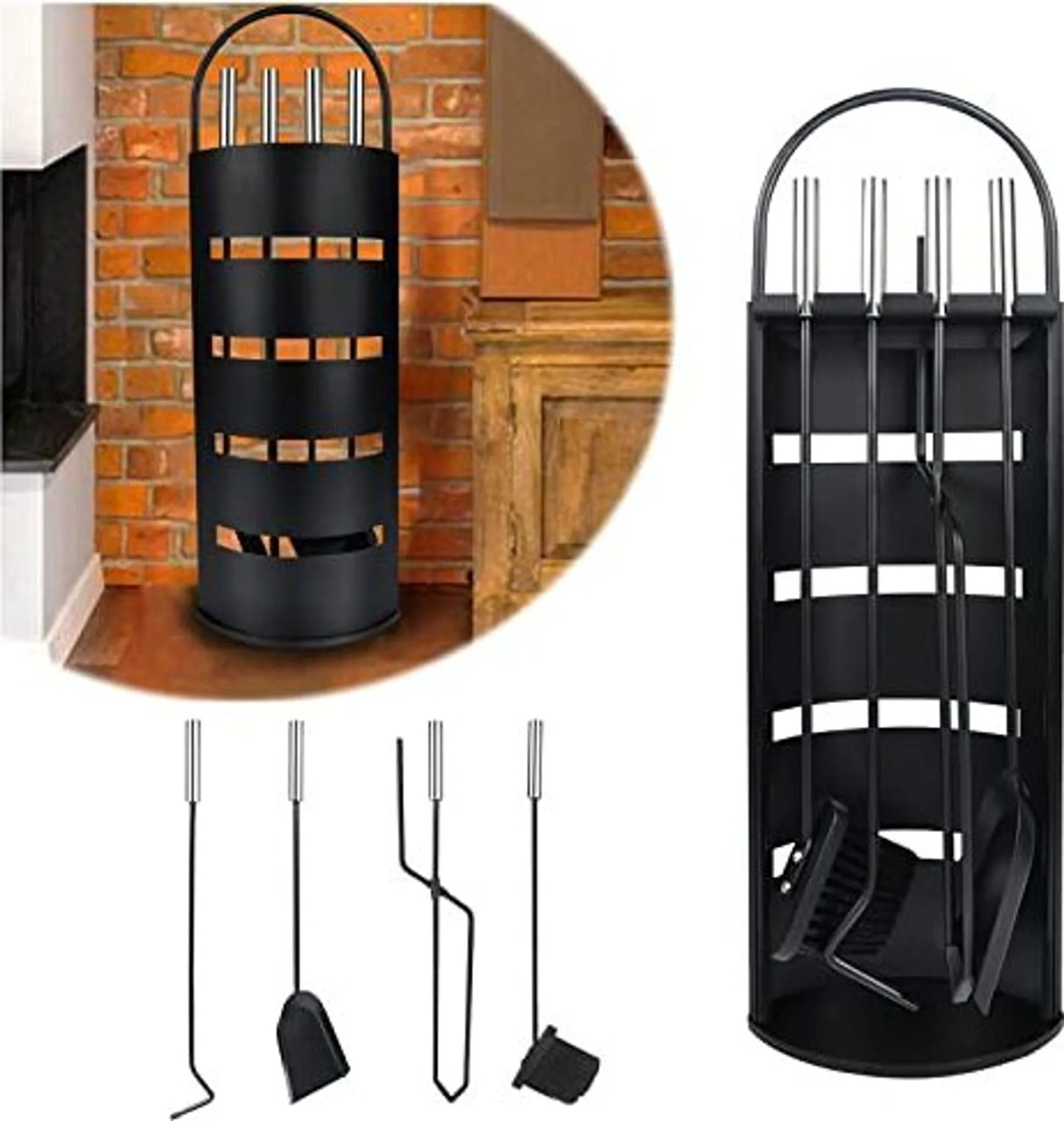 4-teiliges Kaminbesteck-Set Aus Edelstahl – Schwarz/silber, Mit Gestell, Schaufel, Besen & Schürhaken