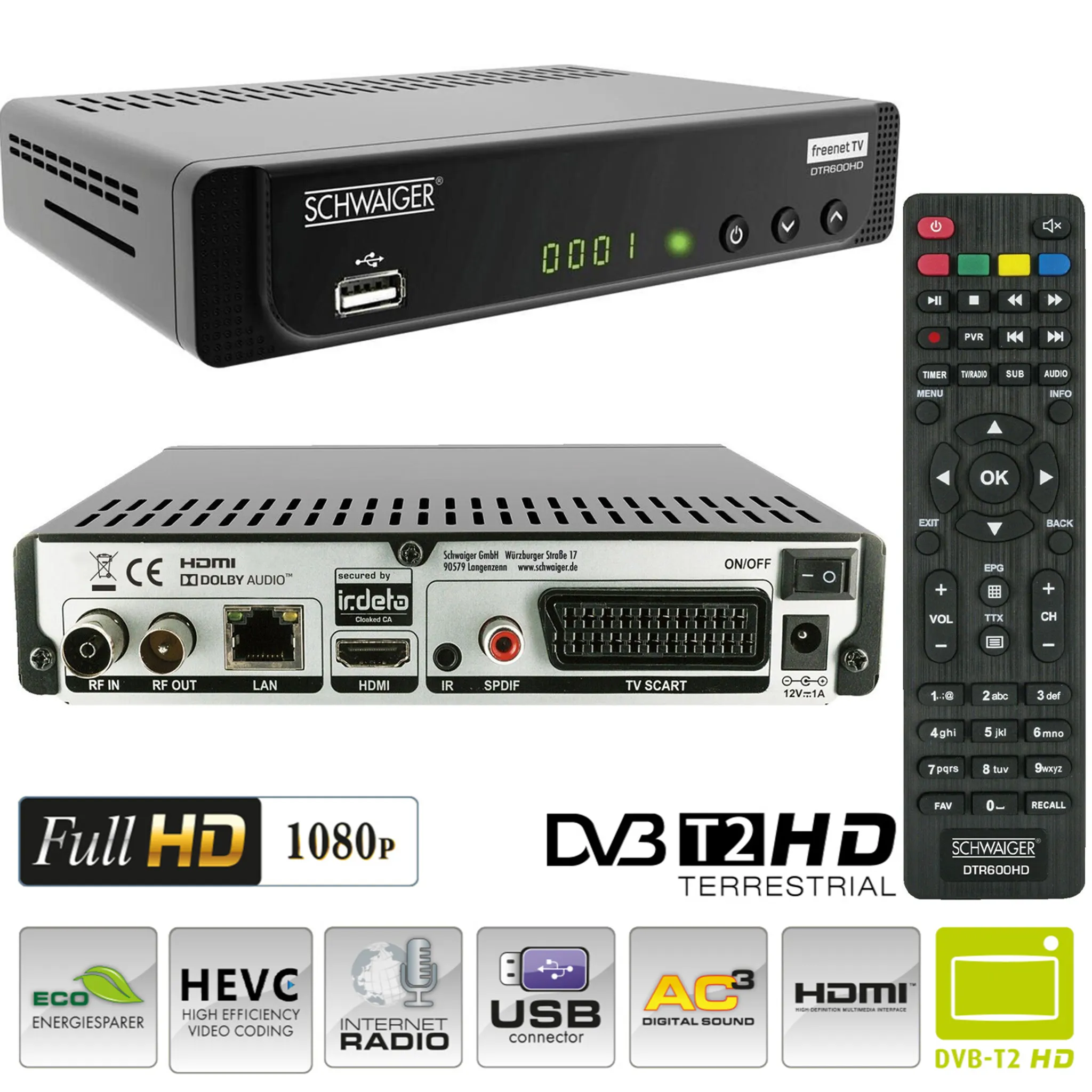 Schwaiger DVB-T2 HD Receiver Freenet TV HDMI