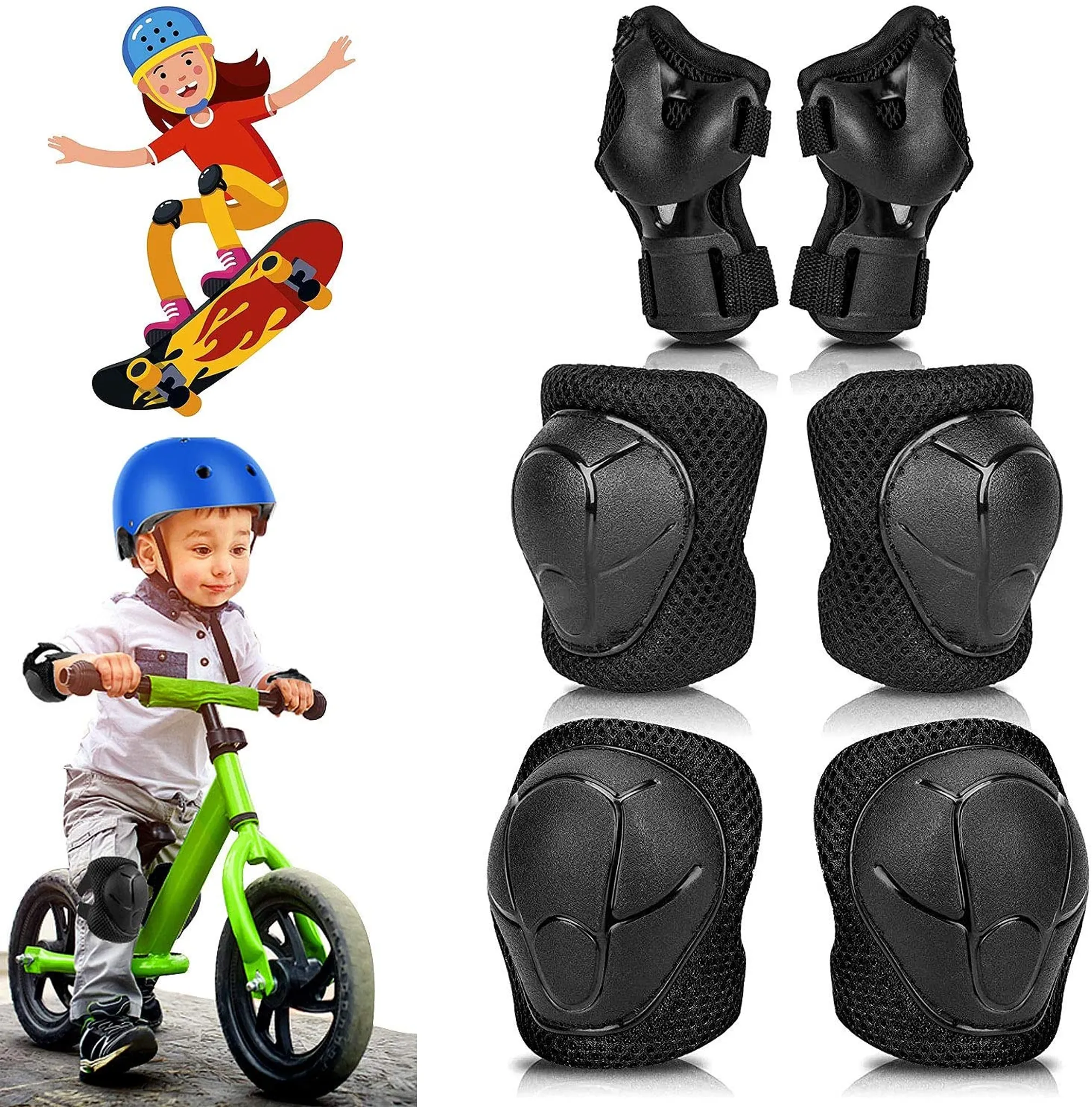 Sport Wiletasz Kinder Schutzausrüstungs-Set 6-in-1 Kinder Knieschoner und Ellbogenschützer mit Handgelenkschoner und verstellbarem Gurt Rollschuhlaufen Inlineskaten M für 5–12 Jahre Radfahren BMX-Fahrräder Skateboarden 
