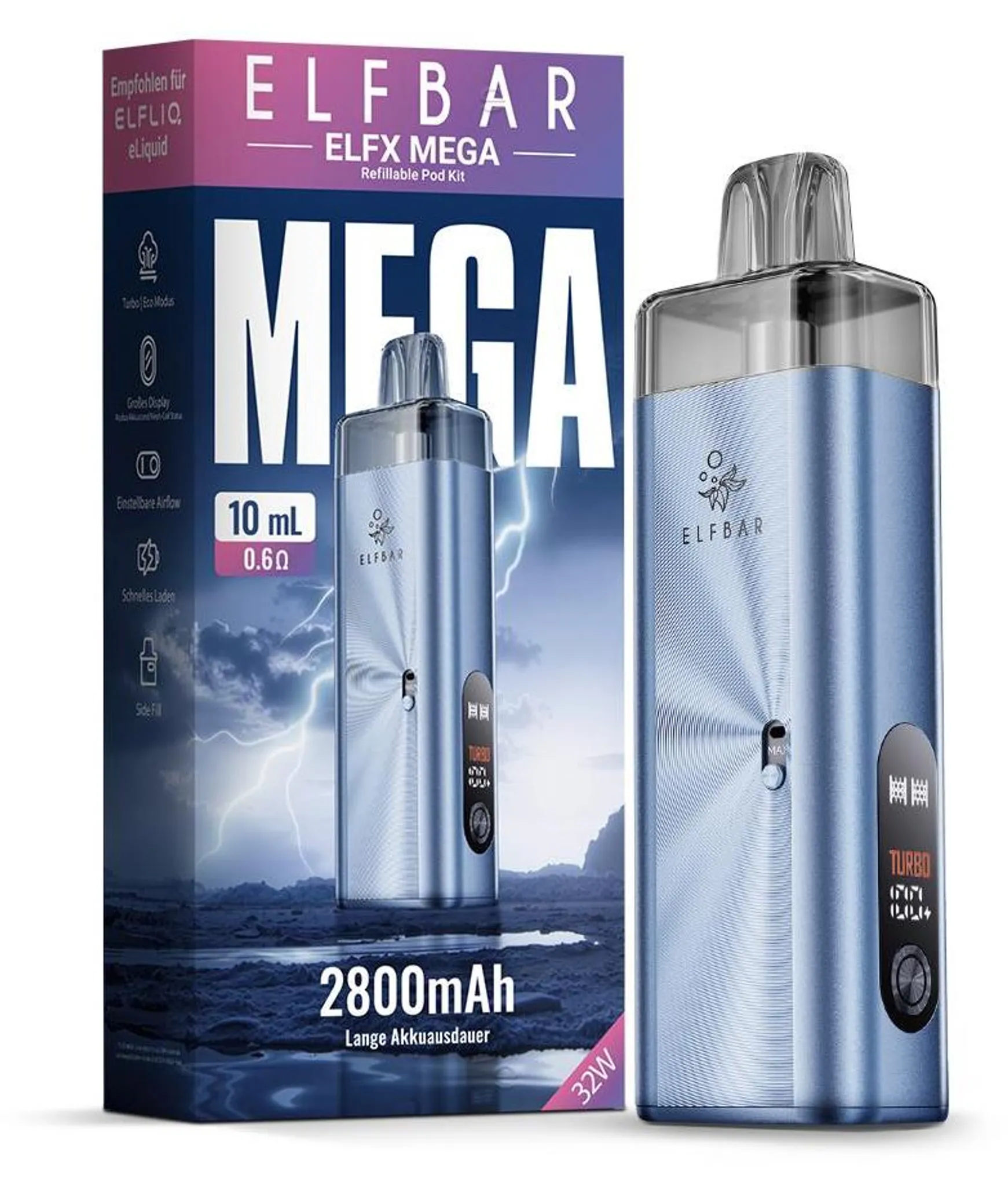 ELFBAR ELFX MEGA Cyan – Akkuträger 2800 mAh, Farbdisplay,