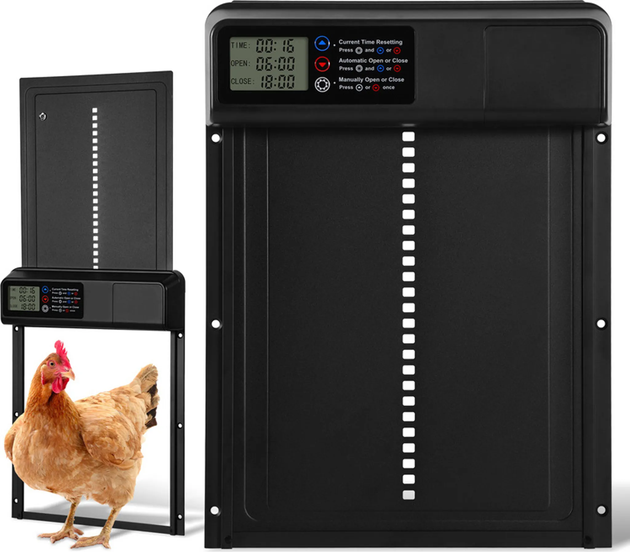 Produktbild von Automatische Hühnerklappe Im XXL-Format – Batteriebetrieben, Mit LED-Display, Timer & Anti-Klemmschutz – Perfekt Für Große Ställe