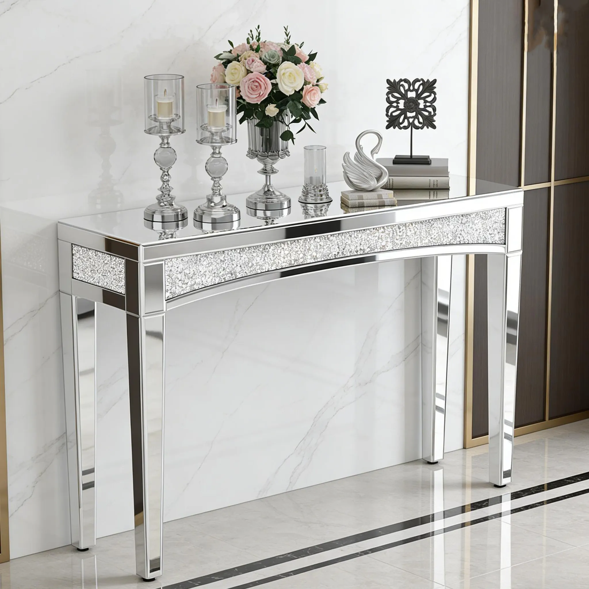 en.casa] Table Console Design Industriel Table d'Appoint Rectangulaire Salon Entrée 2 Tiroirs et Surface de Rangement Métal Panneau de Particules 75 x 120 x 30 cm Or Effet Marbre Blanc