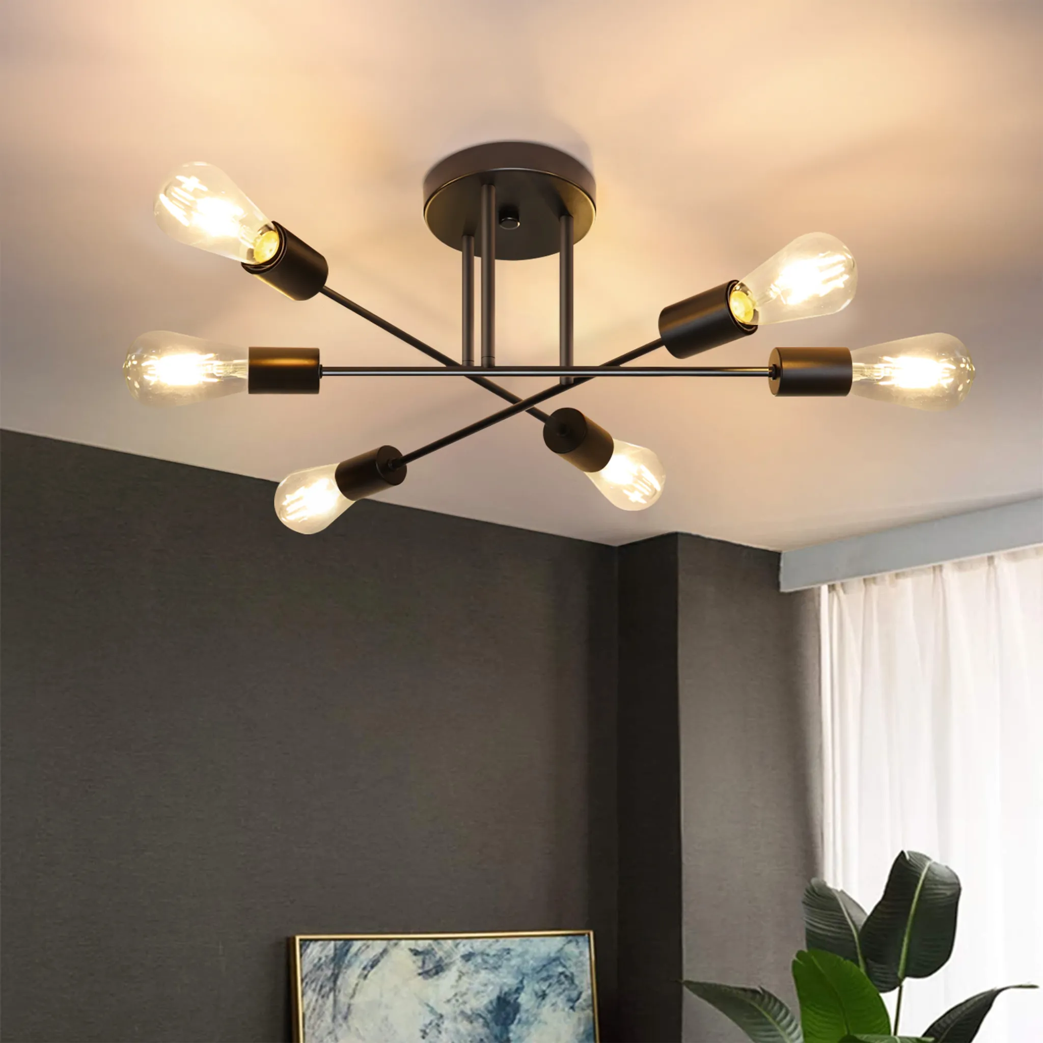 ZMH Deckenleuchte Schwarz 6 Flammig Deckenlampe Vintage Wohnzimmerlampe E27  Kronleuchter Schlafzimmerlampe (ohne Leuchtmittel) | Deckenlampen