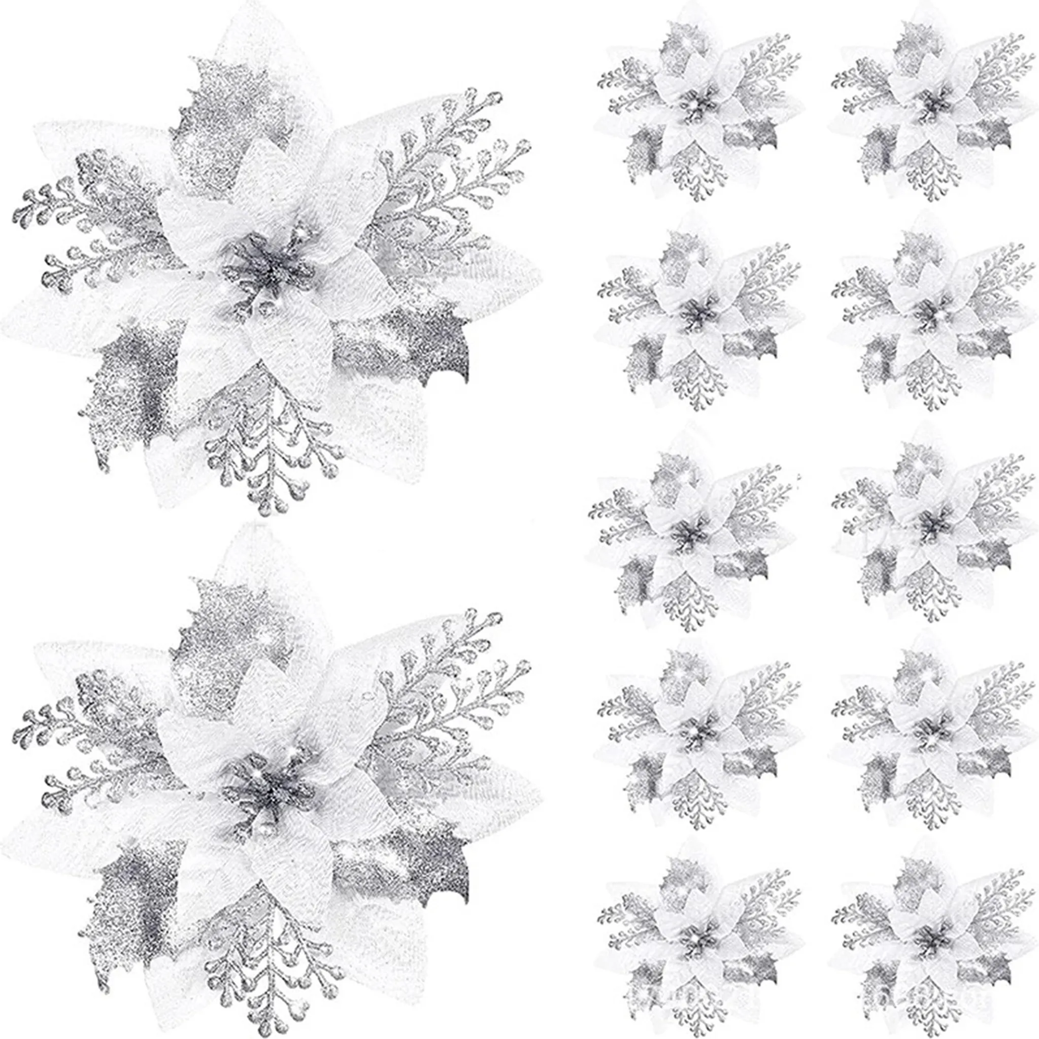 12 X Glitzernde Weihnachtssterne Aus Seide – Künstliche Blumen Mit Stielen, Für Baum, Kränze & Deko, Rot