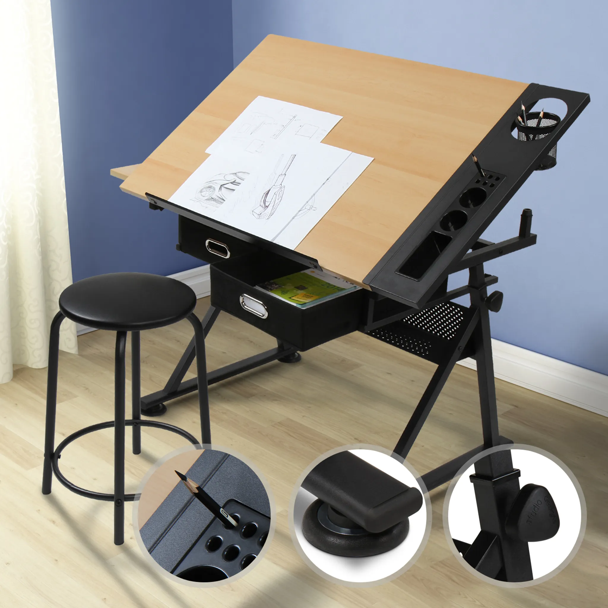 Anself Schreibtisch Zeichentisch mit 3 Schubladen und Hocker höhenverstellbar 