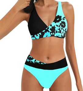 Damen Bikini Set Elegante Zweiteilige Bademode Zweiteiliger Push Up y Farbblockdruck Mit Brustpolster Swimsuit Set für Frauen - XL