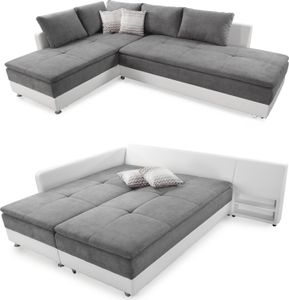 Federkern Ecksofa Doppelbett Dauerschläfer Bettkasten Couch in Hell-Grau / Weiß Federkern Ecksofa Doppelbett Dauerschläfer Bettkasten Couch in Hell-Grau / Weiß