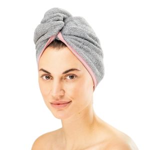 HOMELEVEL 2x Frottee Haarturban mit Knopf - Kopf Handtuch Haartuch Turban - 100% Baumwolle schnelltrocknend - 2 Stück - Haarhandtuch in Grau
