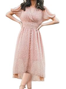 Damen Sommerkleider Boho Midikleider Hawaii V-Ausschnitt Langes Kleid Strandkleid Rosa,Größe M