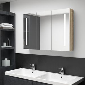 CLORIS Spiegelschrank Badschrank Badspiegel mit LED Beleuchtung 89x14x62 cm Weiß und Eiche-Optik