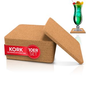 wortek Kork Untersetzer - Deko Tischset I Korkdeckel Getränke, Gläser, Tassen, Bar & Tisch, 10er Set I 10cm I Eckig