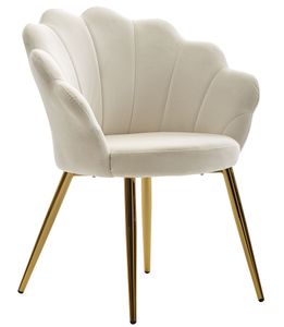 WOHNLING Jedálenská stolička Tulip Velvet White Čalúnená, Kuchynská stolička so zlatými nohami, Škrupinová stolička so škrupinovým dizajnom, Čalúnená stolička s látkovým poťahom
