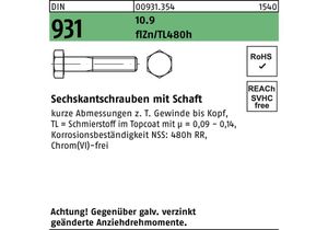 Sechskantschraube DIN 931 m.Schaft M 8 x 80 10.9 zinkbesch Gleitmittel flZnnc 480h-L