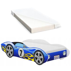 iGLOBAL Kinderbett Autobett Cars Bett Jugendbett Juniorbett Bett mit Lattenrost Stellage Schaumstoffmatratze Blau 140 x 70 cm