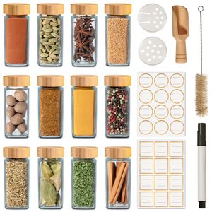 Praknu Gewürzgläser Eckig mit Bambusdeckel - 12er Set - Gewürz Organizer - Mit Streueinsatz - Gewürzdosen 120ml - Inkl. Etiketten zum Beschriften, Reinigungsbürste & Holzlöffel